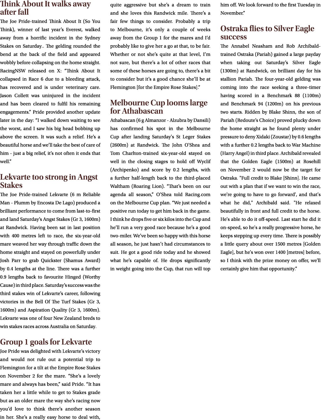 Think About It walks away after fall The Joe Pride trained Think About It (So You Think), winner of last year’s Evere...
