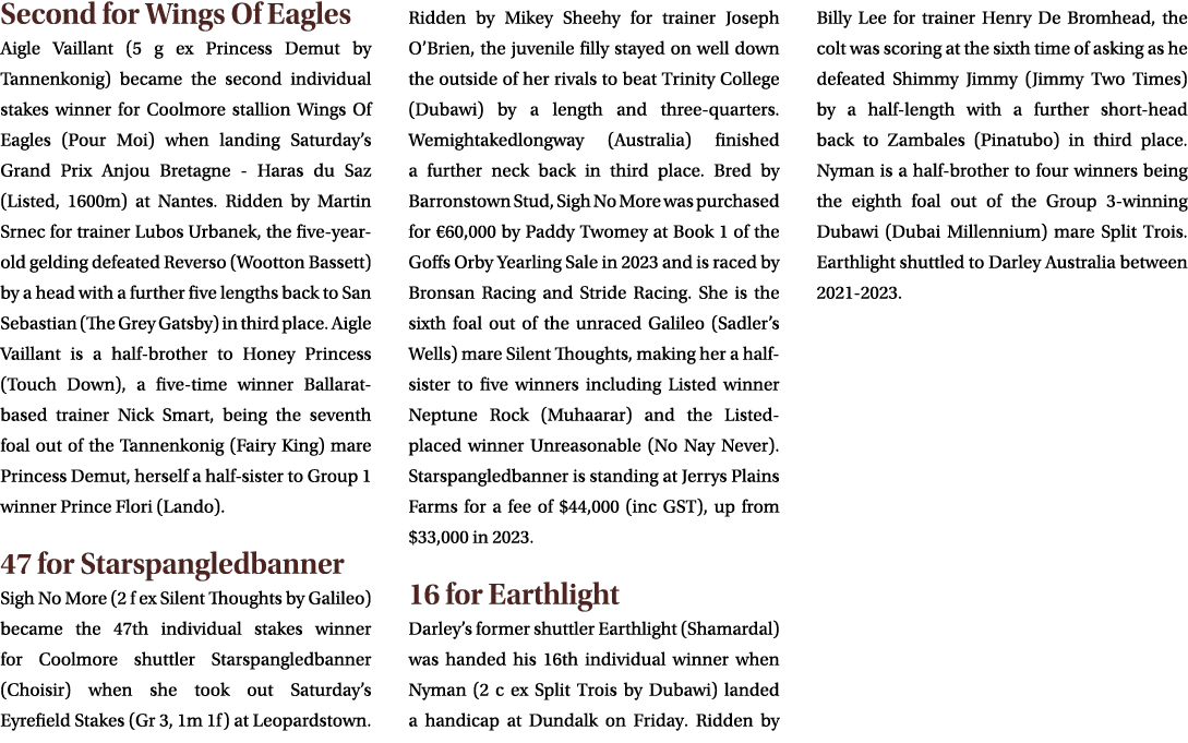 Second for Wings Of Eagles Aigle Vaillant (5 g ex Princess Demut by Tannenkonig) became the second individual stakes ...