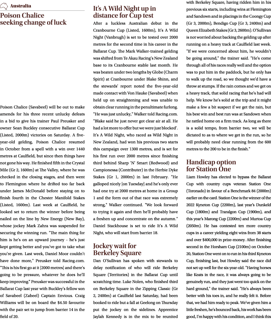 ￼Poison Chalice seeking change of luck Poison Chalice (Savabeel) will be out to make amends for his three recent unlu...