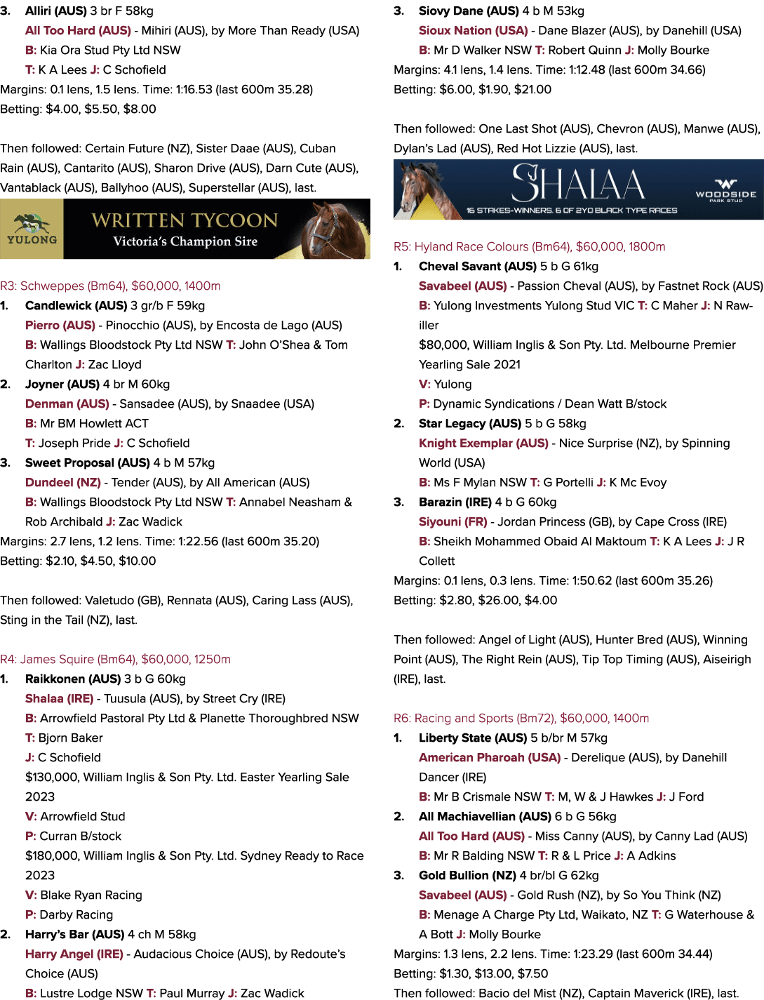 3. Alliri (AUS) 3 br F 58kg All Too Hard (AUS) Mihiri (AUS), by More Than Ready (USA) B: Kia Ora Stud Pty Ltd NSW T: ...