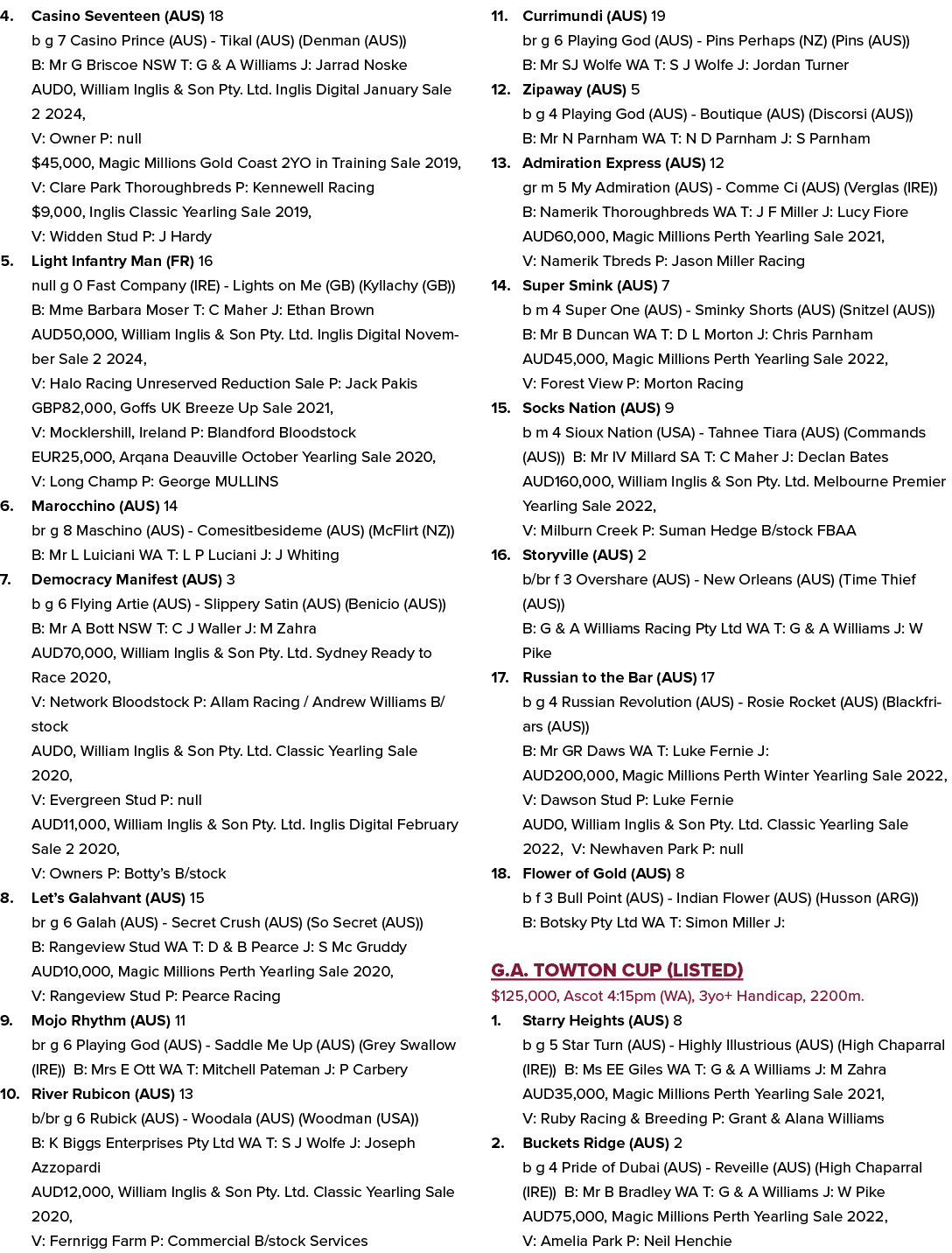 4. Casino Seventeen (AUS) 18 b g 7 Casino Prince (AUS) Tikal (AUS) (Denman (AUS)) B: Mr G Briscoe NSW T: G & A Willia...