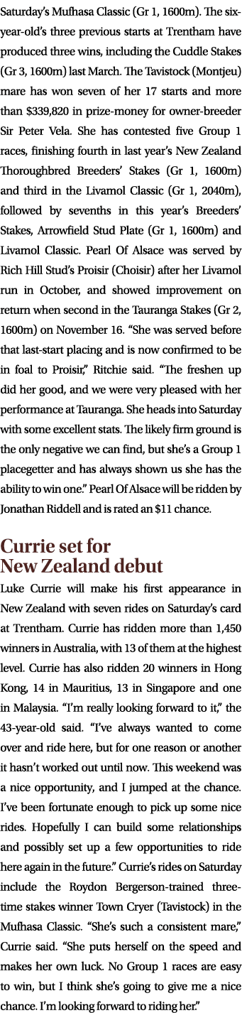 Saturday’s Mufhasa Classic (Gr 1, 1600m). The six year old’s three previous starts at Trentham have produced three wi...