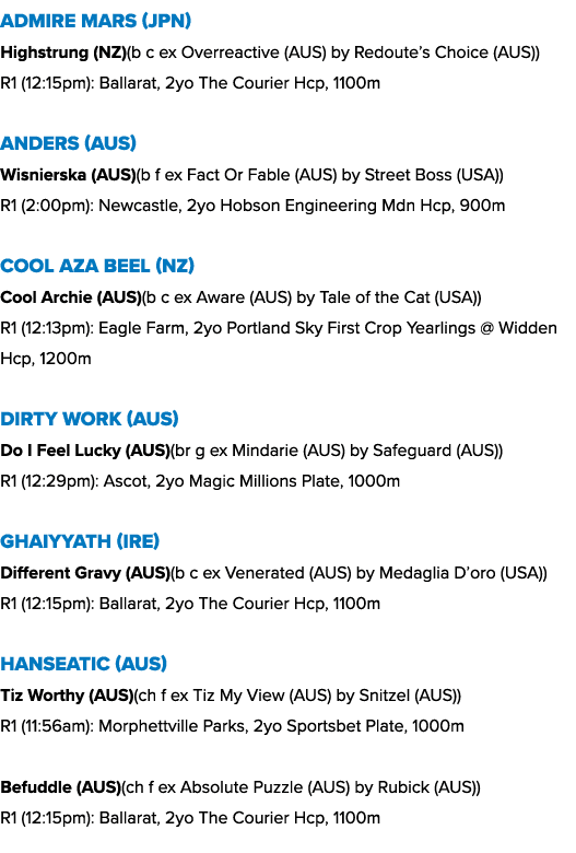 Admire Mars (JPN) Highstrung (NZ)(b c ex Overreactive (AUS) by Redoute’s Choice (AUS)) R1 (12:15pm): Ballarat, 2yo Th...