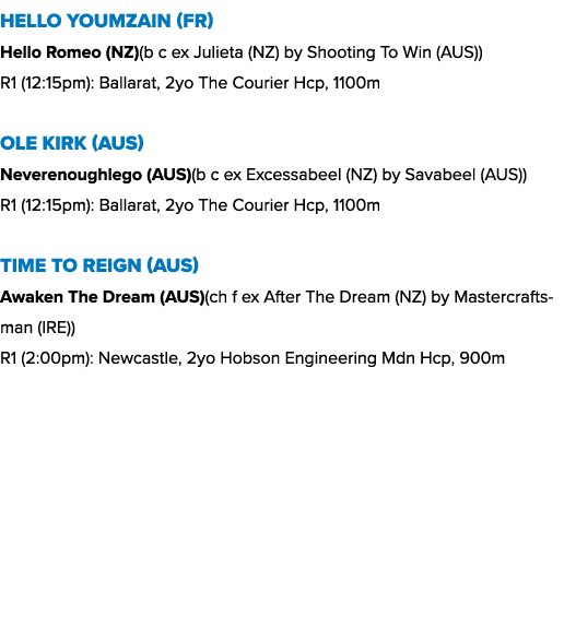Hello Youmzain (FR) Hello Romeo (NZ)(b c ex Julieta (NZ) by Shooting To Win (AUS)) R1 (12:15pm): Ballarat, 2yo The Co...