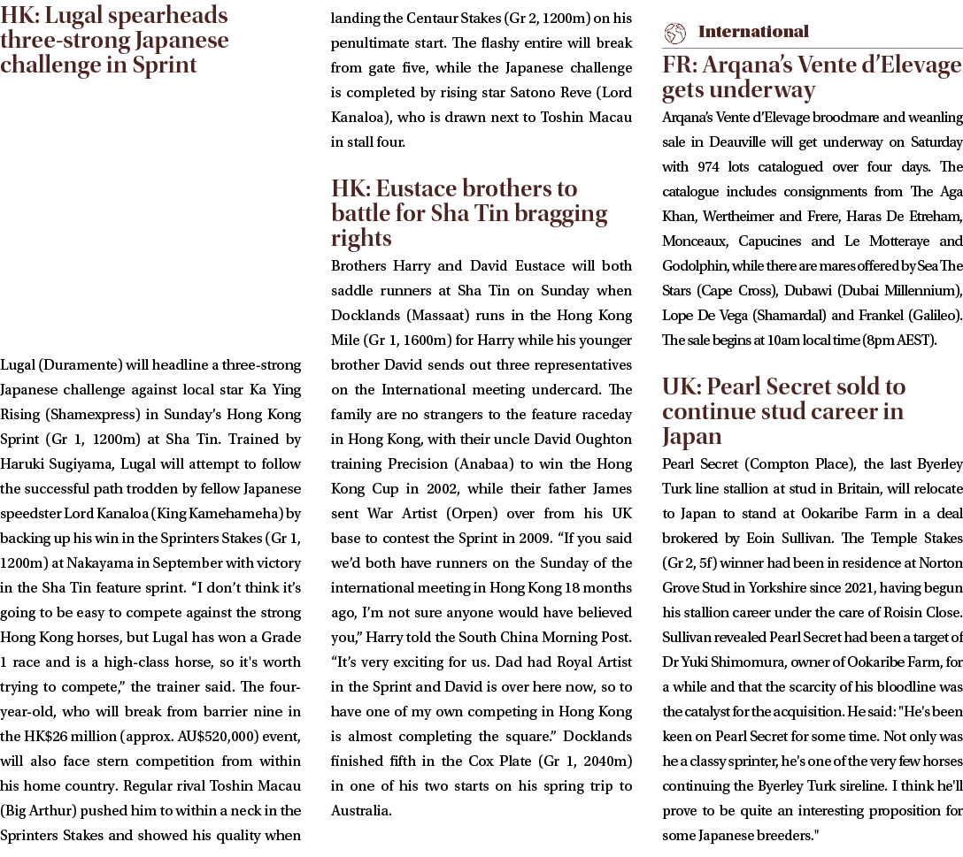 HK: Lugal spearheads three strong Japanese challenge in Sprint Lugal (Duramente) will headline a three strong Japanes...