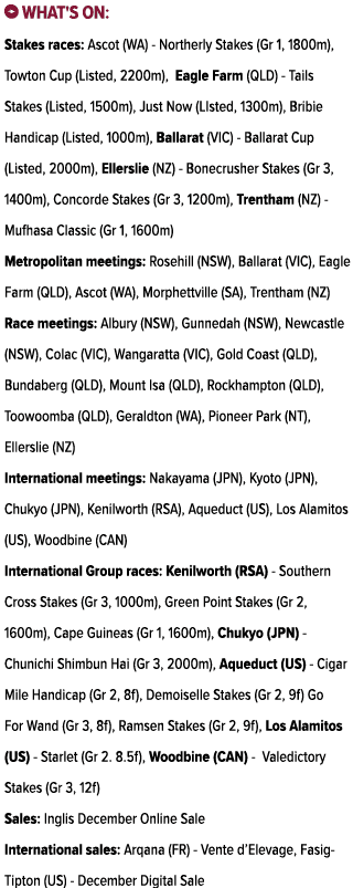 ￼ What's on: Stakes races: Ascot (WA) Northerly Stakes (Gr 1, 1800m), Towton Cup (Listed, 2200m), Eagle Farm (QLD) Ta...