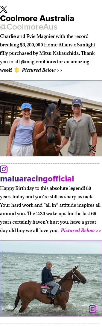 ￼ Coolmore Australia @CoolmoreAus Charlie and Evie Magnier with the record breaking $3,200,000 Home Affairs x Sunligh...