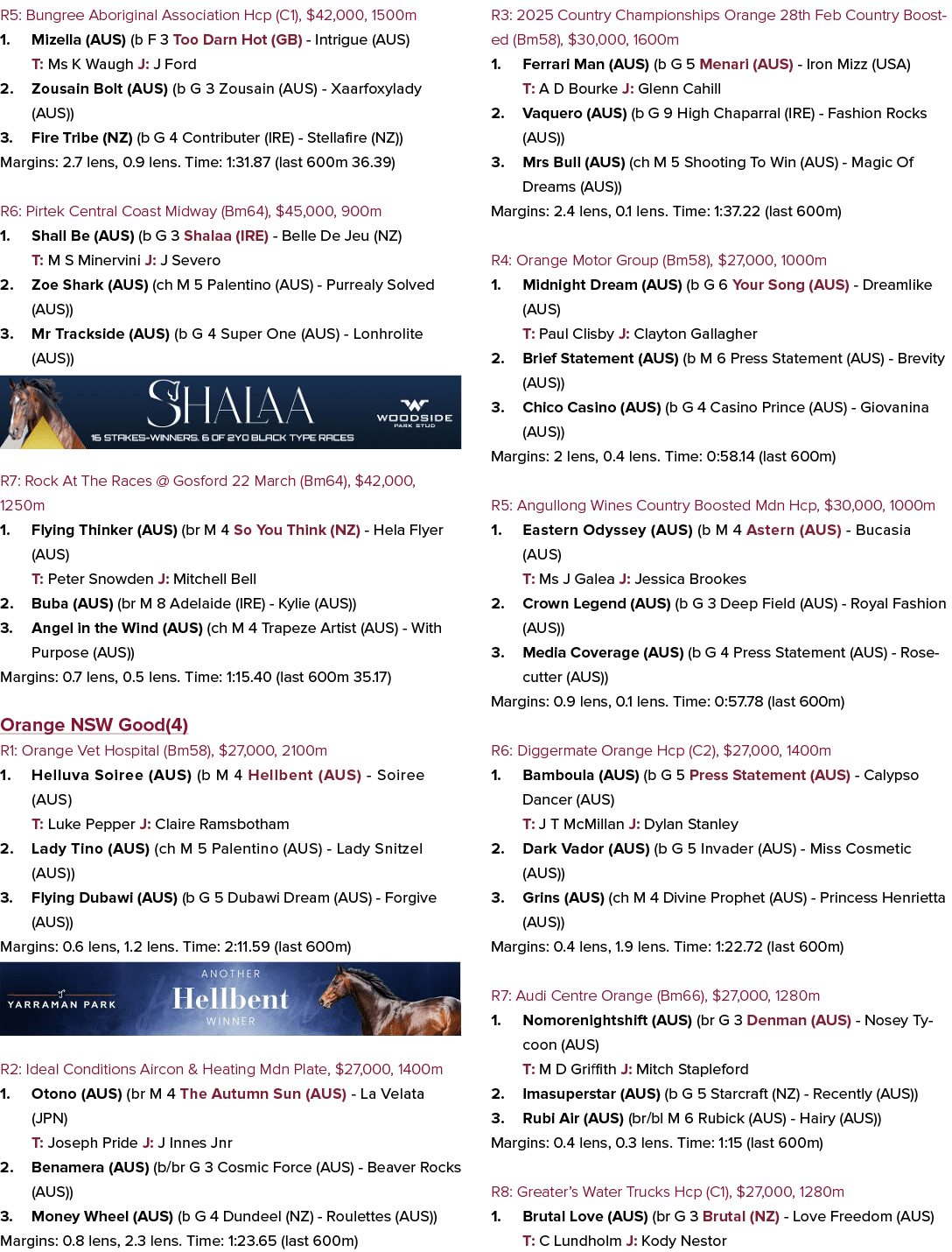 R5: Bungree Aboriginal Association Hcp (C1), $42,000, 1500m 1. Mizella (AUS) (b F 3 Too Darn Hot (GB) Intrigue (AUS) ...