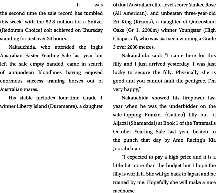 It was the second time the sale record has tumbled this week, with the $2.8 million for a Snitzel (Redoute’s Choice) ...