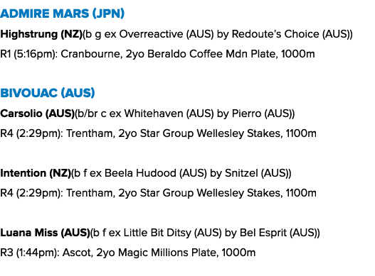 Admire Mars (JPN) Highstrung (NZ)(b g ex Overreactive (AUS) by Redoute’s Choice (AUS)) R1 (5:16pm): Cranbourne, 2yo B...