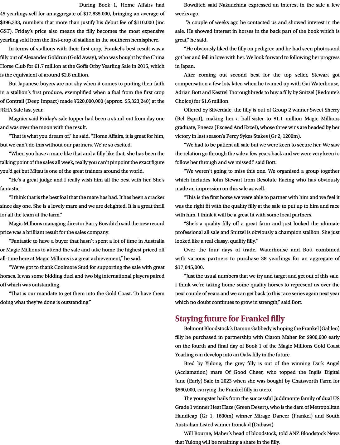 During Book 1, Home Affairs had 45 yearlings sell for an aggregate of $17,835,000, bringing an average of $396,333, n...