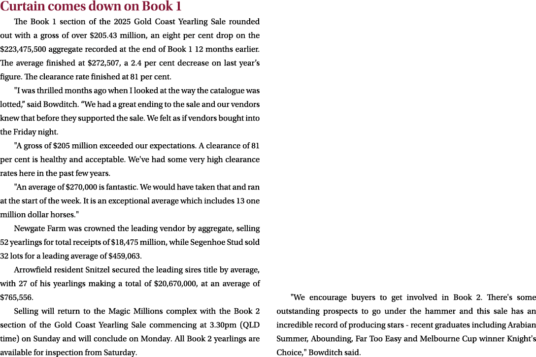 Curtain comes down on Book 1 The Book 1 section of the 2025 Gold Coast Yearling Sale rounded out with a gross of over...