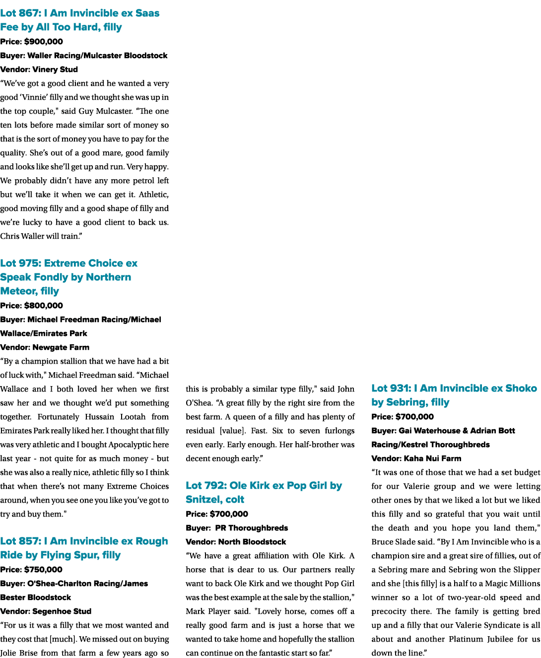 Lot 867: I Am Invincible ex Saas Fee by All Too Hard, filly Price: $900,000 Buyer: Waller Racing/Mulcaster Bloodstock...