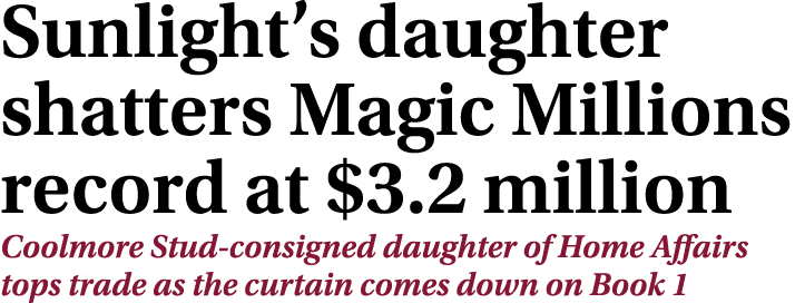 Sunlight’s daughter shatters Magic Millions record at $3.2 million Coolmore Stud consigned daughter of Home Affairs t...