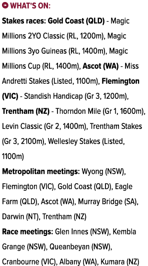 ￼ What's on: Stakes races: Gold Coast (QLD) Magic Millions 2YO Classic (RL, 1200m), Magic Millions 3yo Guineas (RL, 1...