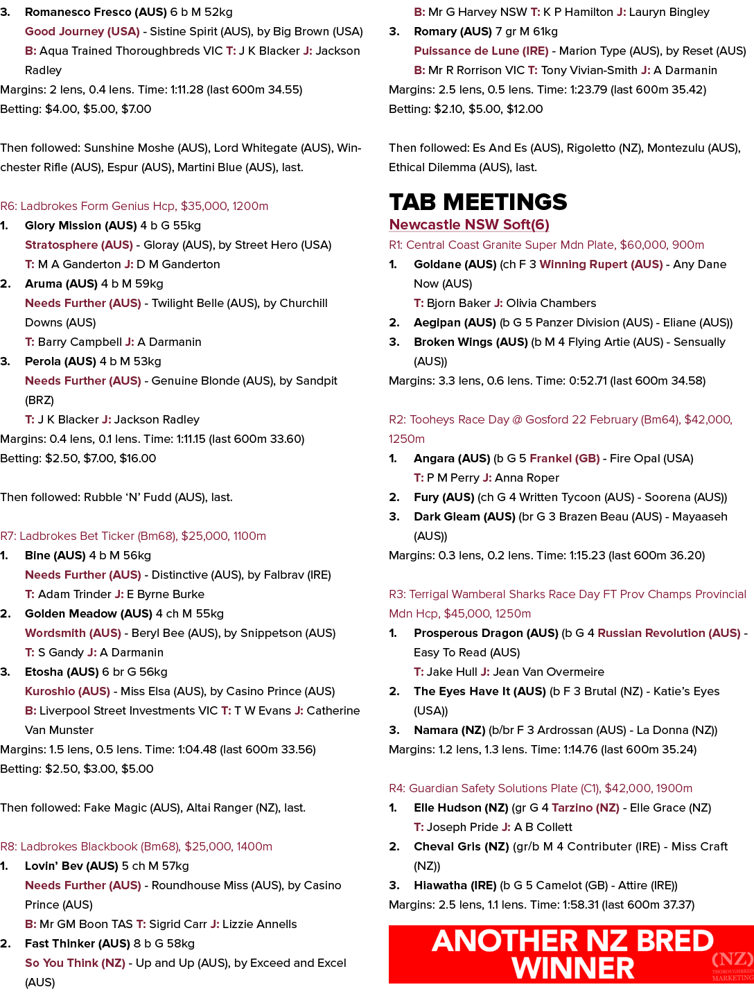 3. Romanesco Fresco (AUS) 6 b M 52kg Good Journey (USA) Sistine Spirit (AUS), by Big Brown (USA) B: Aqua Trained Thor...