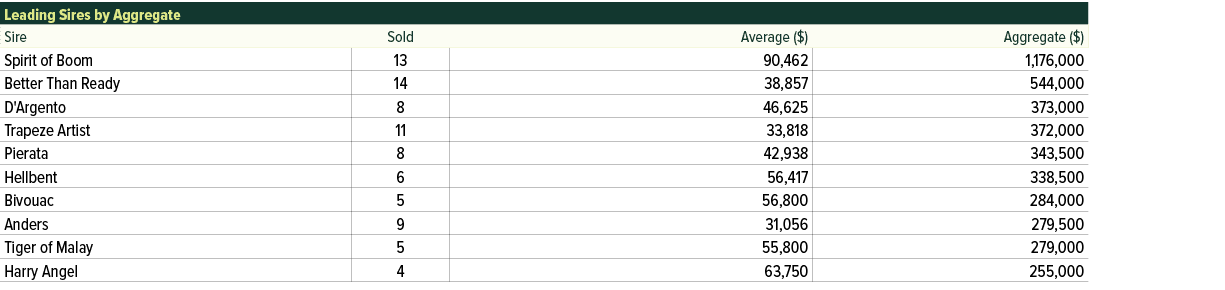 Leading Sires by Aggregate,Sire,Sold,Average ($),Aggregate ($),Spirit of Boom ,13,90,462,1,176,000,Better Than Ready ...