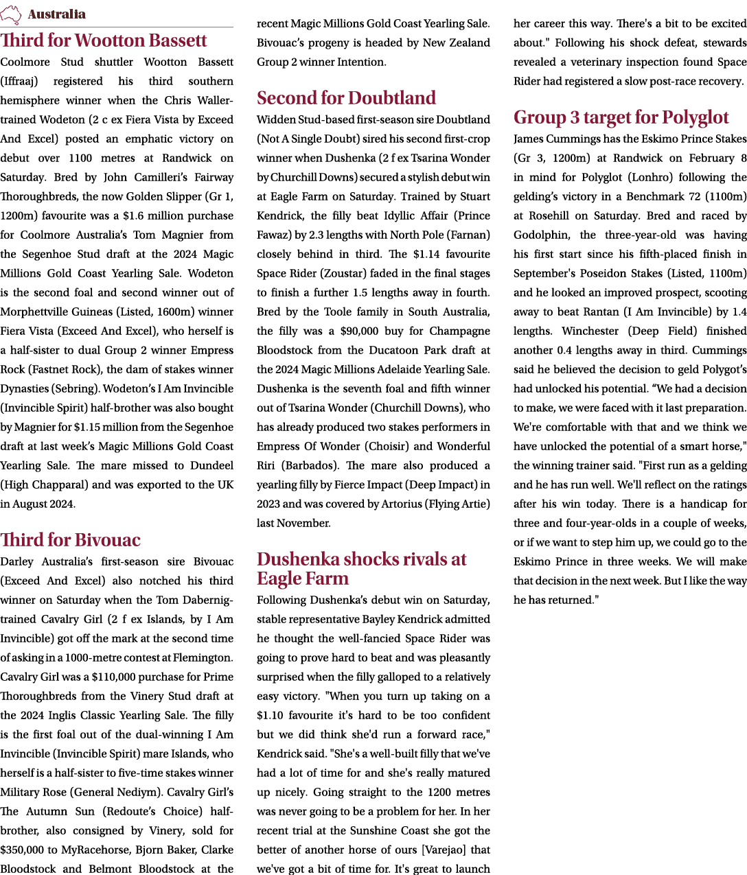 ￼ Third for Wootton Bassett Coolmore Stud shuttler Wootton Bassett (Iffraaj) registered his third southern hemisphere...