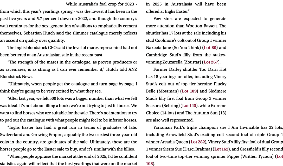 While Australia’s foal crop for 2023 from which this year’s yearlings spring was the lowest it has been in the past f...
