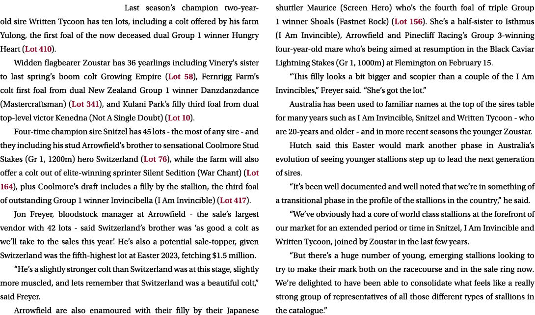 Last season’s champion two year old sire Written Tycoon has ten lots, including a colt offered by his farm Yulong, th...