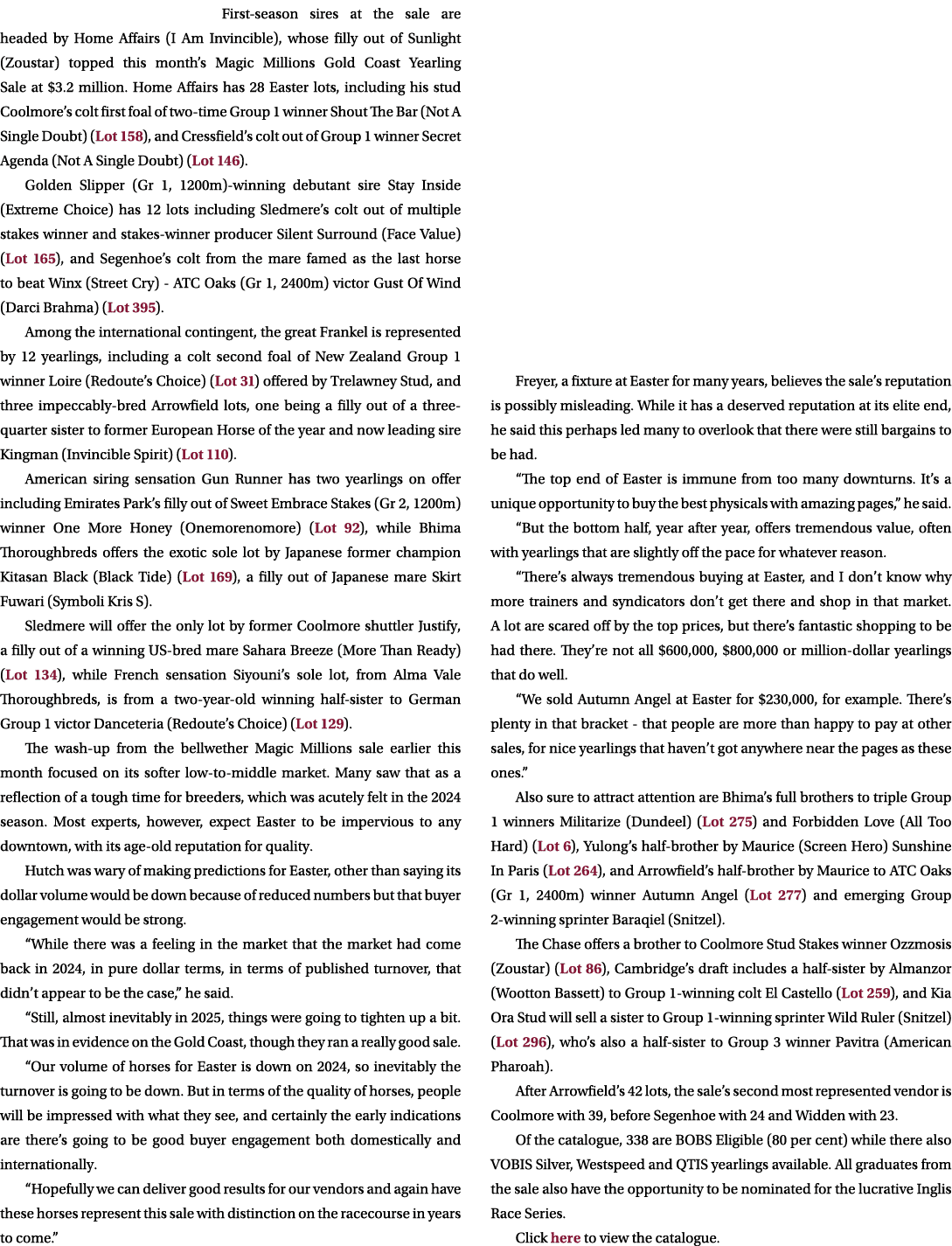 First season sires at the sale are headed by Home Affairs (I Am Invincible), whose filly out of Sunlight (Zoustar) to...