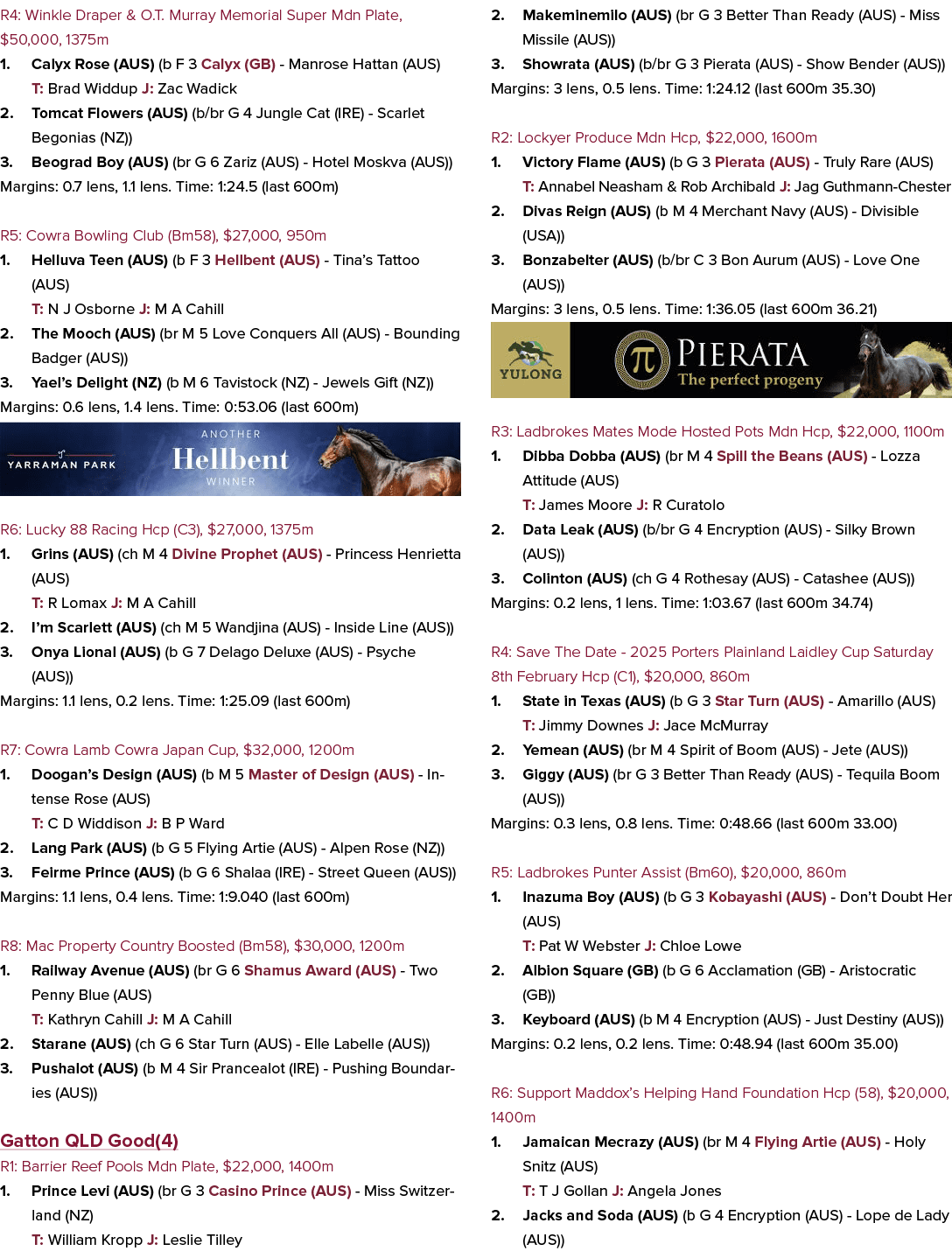 R4: Winkle Draper & O.T. Murray Memorial Super Mdn Plate, $50,000, 1375m 1. Calyx Rose (AUS) (b F 3 Calyx (GB) Manros...