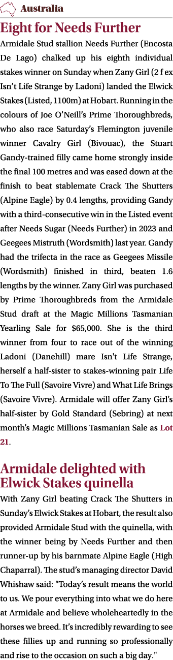 ￼ Eight for Needs Further Armidale Stud stallion Needs Further (Encosta De Lago) chalked up his eighth individual sta...