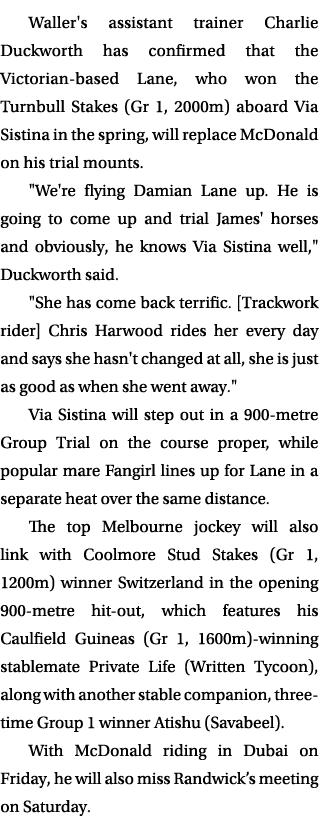 Waller's assistant trainer Charlie Duckworth has confirmed that the Victorian based Lane, who won the Turnbull Stakes...