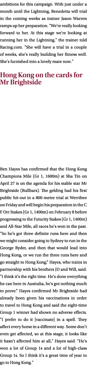 ambitions for this campaign. With just under a month until the Lightning, Benedetta will trial in the coming weeks as...