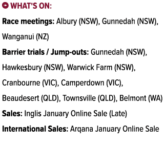 ￼ What's on: Race meetings: Albury (NSW), Gunnedah (NSW), Wanganui (NZ) Barrier trials / Jump outs: Gunnedah (NSW), H...