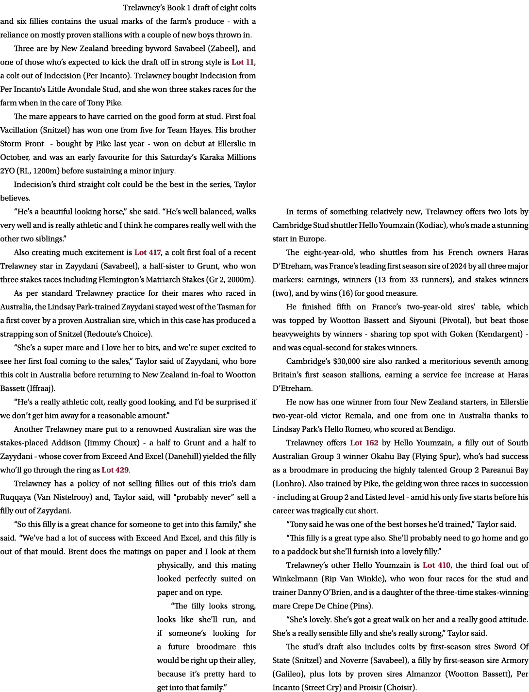 Trelawney’s Book 1 draft of eight colts and six fillies contains the usual marks of the farm’s produce with a relianc...