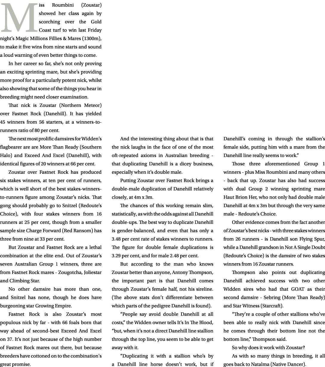 Miss Roumbini (Zoustar) showed her class again by scorching over the Gold Coast turf to win last Friday night’s Magic...