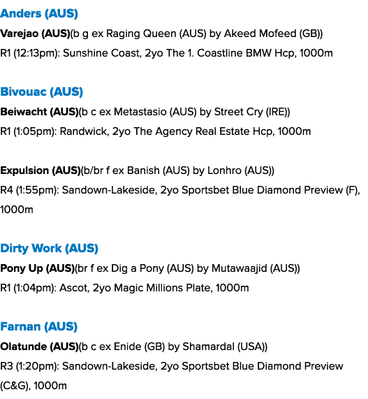 Anders (AUS) Varejao (AUS)(b g ex Raging Queen (AUS) by Akeed Mofeed (GB)) R1 (12:13pm): Sunshine Coast, 2yo The 1. C...