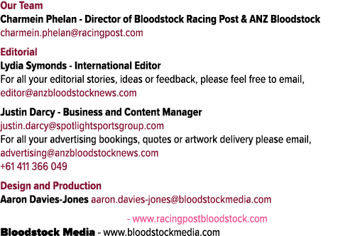 Our Team Charmein Phelan Director of Bloodstock Racing Post & ANZ Bloodstock charmein.phelan@racingpost.com Editorial...