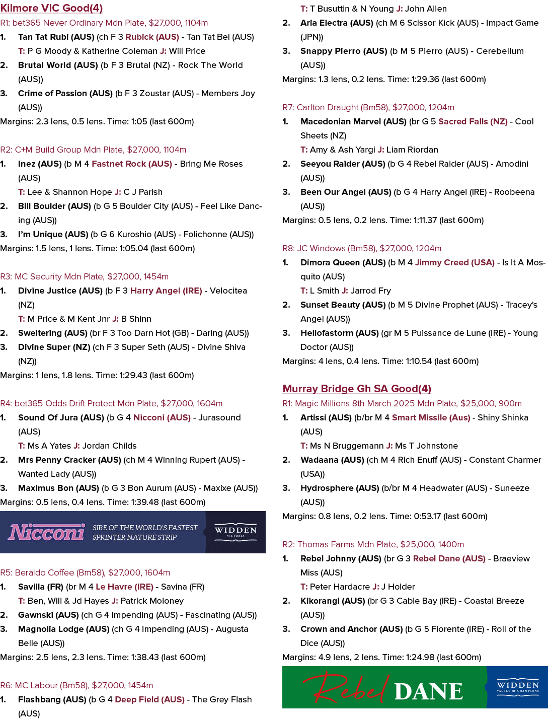 Kilmore VIC Good(4) R1: bet365 Never Ordinary Mdn Plate, $27,000, 1104m 1. Tan Tat Rubi (AUS) (ch F 3 Rubick (AUS) Ta...