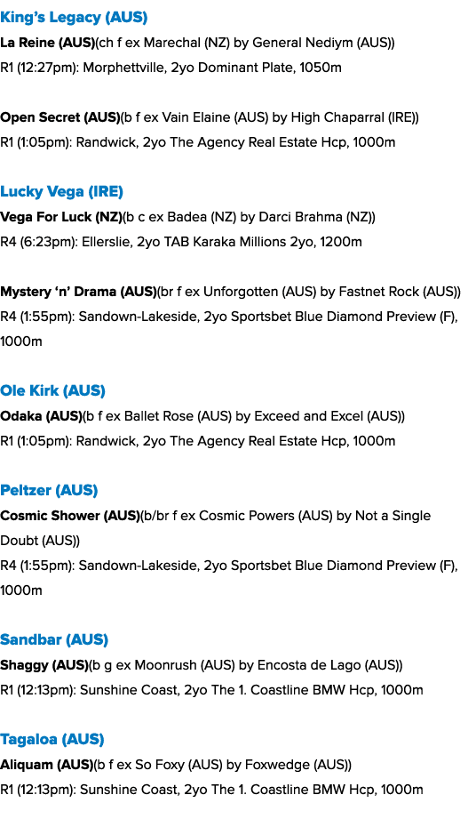 King’s Legacy (AUS) La Reine (AUS)(ch f ex Marechal (NZ) by General Nediym (AUS)) R1 (12:27pm): Morphettville, 2yo Do...