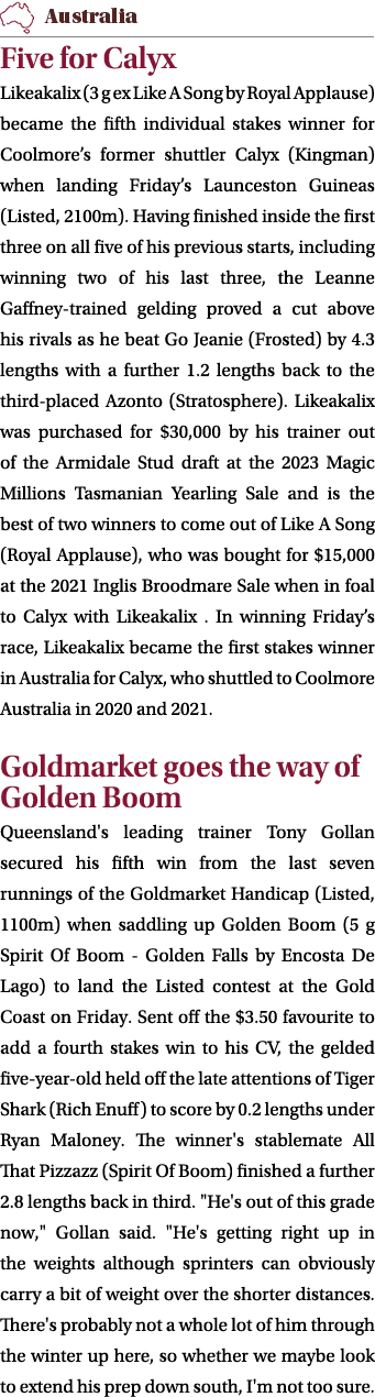 ￼ Five for Calyx Likeakalix (3 g ex Like A Song by Royal Applause) became the fifth individual stakes winner for Cool...