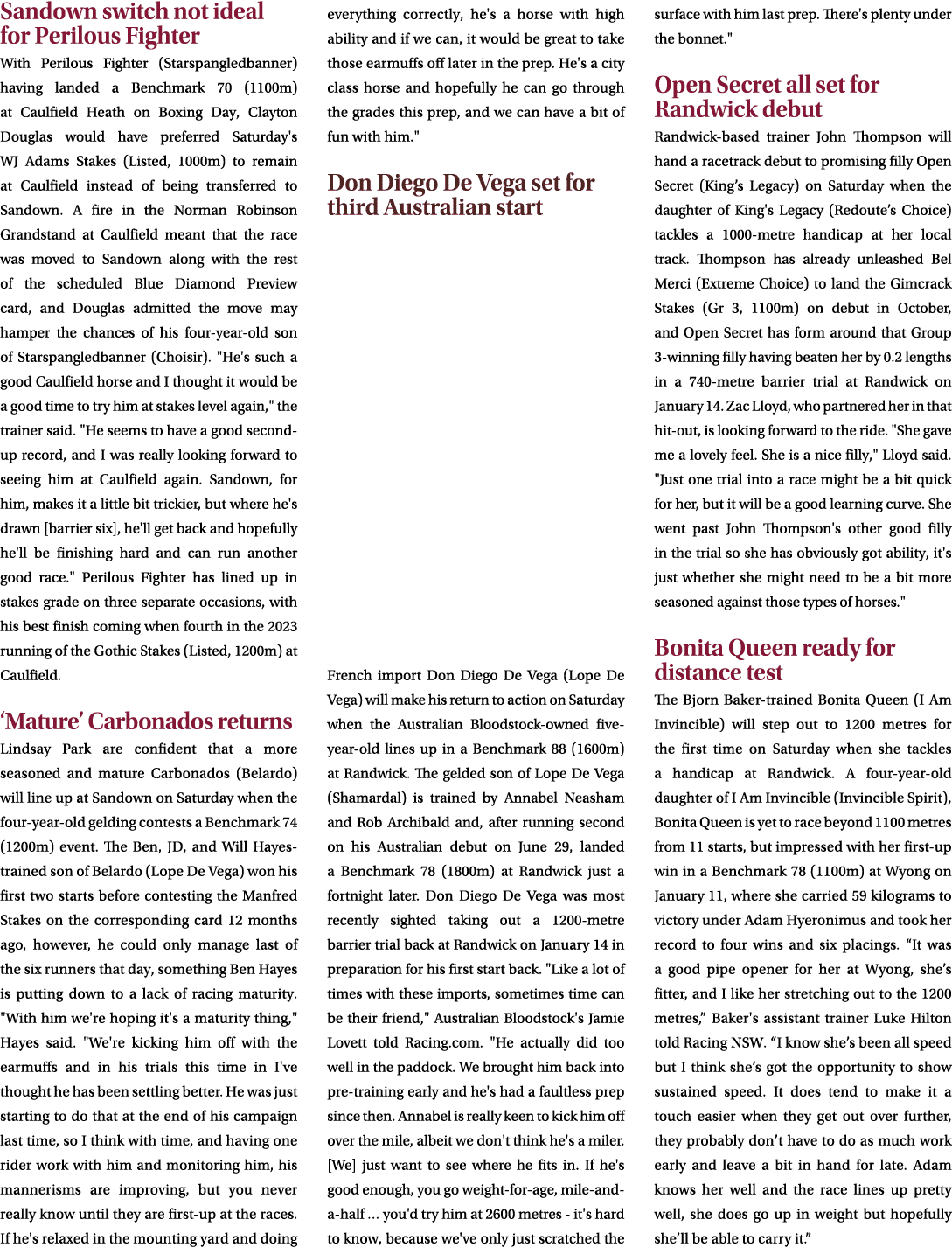 Sandown switch not ideal for Perilous Fighter With Perilous Fighter (Starspangledbanner) having landed a Benchmark 70...