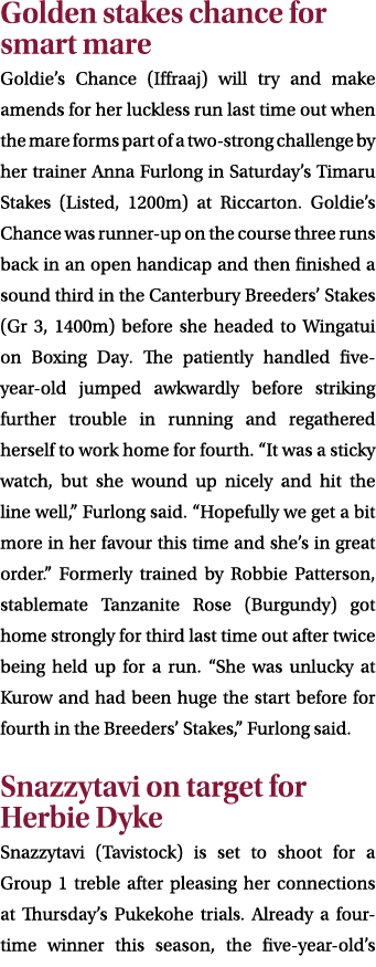 Golden stakes chance for smart mare Goldie’s Chance (Iffraaj) will try and make amends for her luckless run last time...