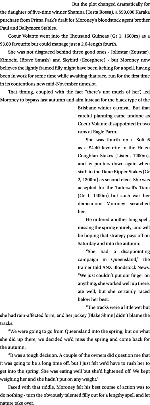 But the plot changed dramatically for the daughter of five time winner Shanina (Testa Rossa), a $90,000 Karaka purcha...