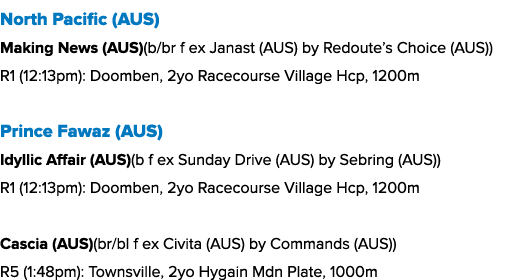 North Pacific (AUS) Making News (AUS)(b/br f ex Janast (AUS) by Redoute’s Choice (AUS)) R1 (12:13pm): Doomben, 2yo Ra...