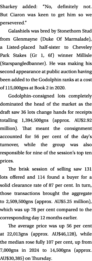Sharkey added: “No, definitely not. But Ciaron was keen to get him so we persevered.” Galashiels was bred by Stonetho...