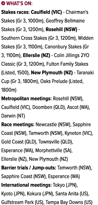 ￼ What's on: Stakes races: Caulfield (VIC) Chairman's Stakes (Gr 3, 1000m), Geoffrey Bellmaine Stakes (Gr 3, 1200m), ...