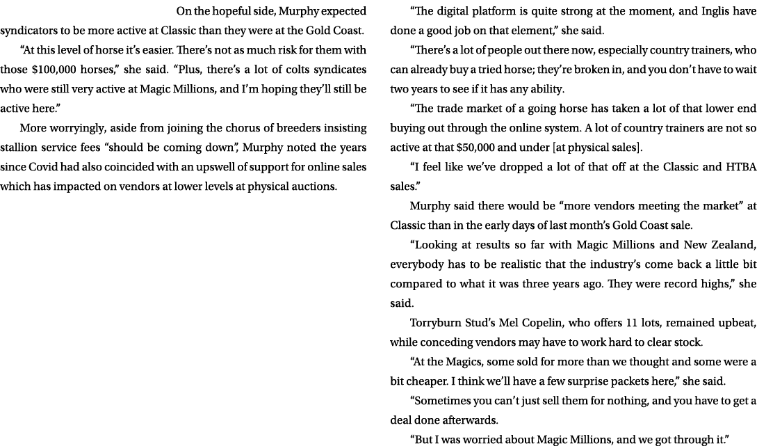 On the hopeful side, Murphy expected syndicators to be more active at Classic than they were at the Gold Coast. “At t...