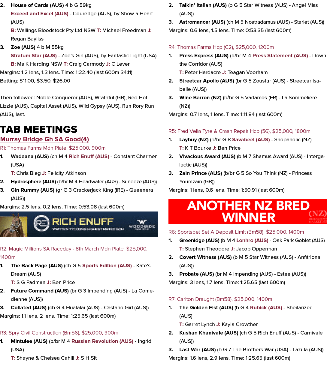 2. House of Cards (AUS) 4 b G 59kg Exceed and Excel (AUS) Couredge (AUS), by Show a Heart (AUS) B: Wallings Bloodstoc...