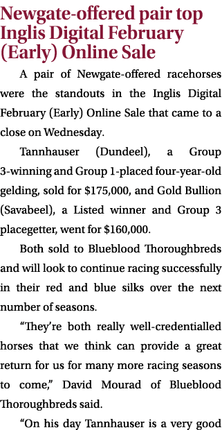 Newgate offered pair top Inglis Digital February (Early) Online Sale A pair of Newgate offered racehorses were the st...