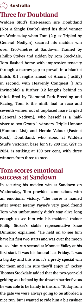 ￼ Three for Doubtland Widden Stud’s first season sire Doubtland (Not A Single Doubt) sired his third winner on Wednes...