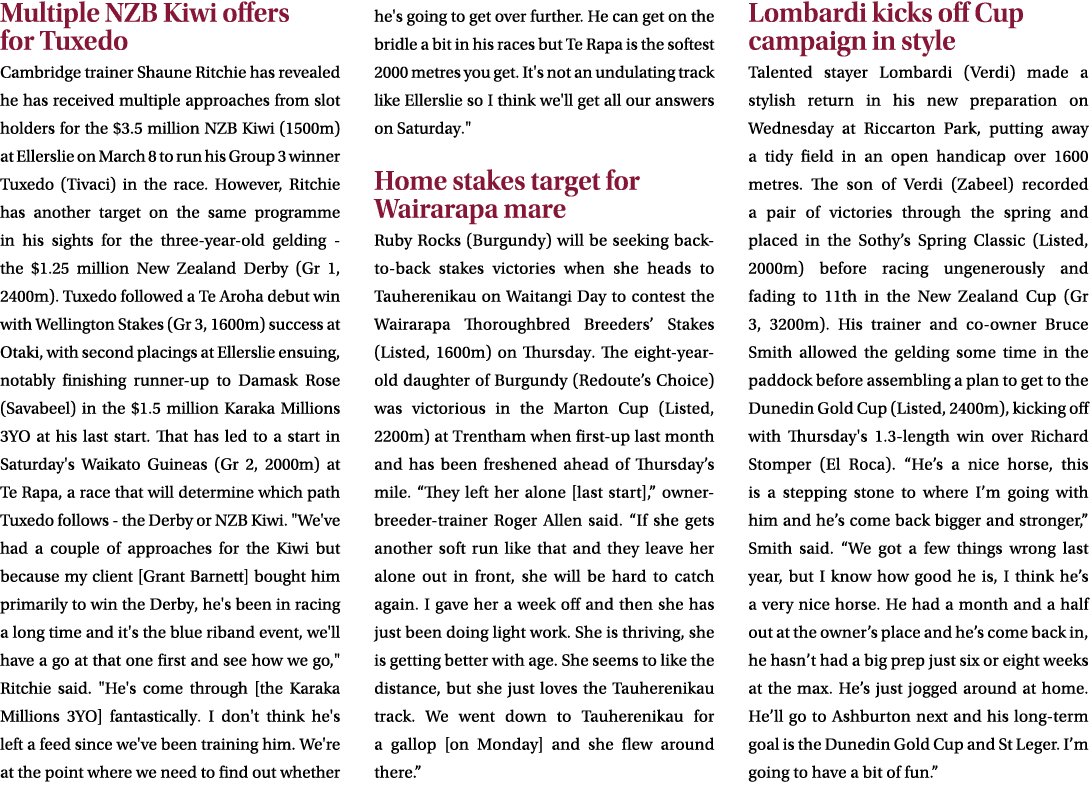 Multiple NZB Kiwi offers for Tuxedo Cambridge trainer Shaune Ritchie has revealed he has received multiple approaches...