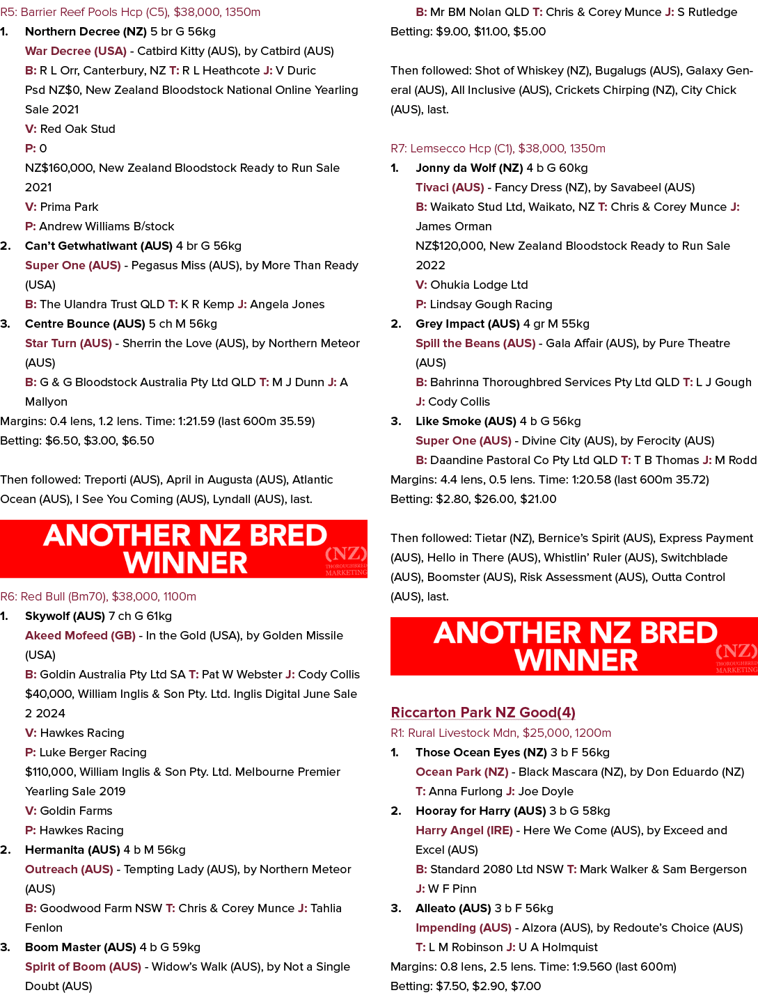 R5: Barrier Reef Pools Hcp (C5), $38,000, 1350m 1. Northern Decree (NZ) 5 br G 56kg War Decree (USA) Catbird Kitty (A...