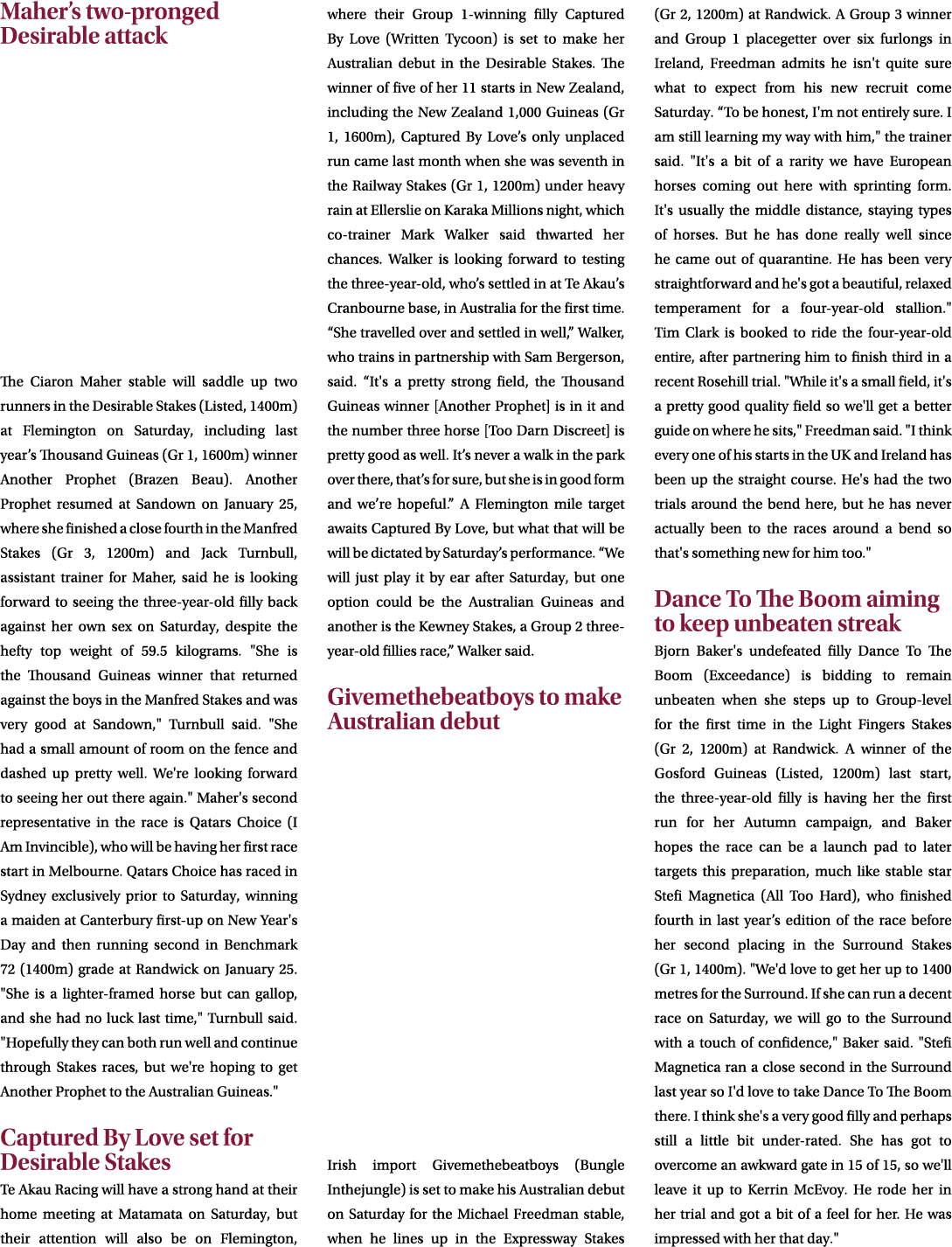 Maher’s two pronged Desirable attack The Ciaron Maher stable will saddle up two runners in the Desirable Stakes (List...